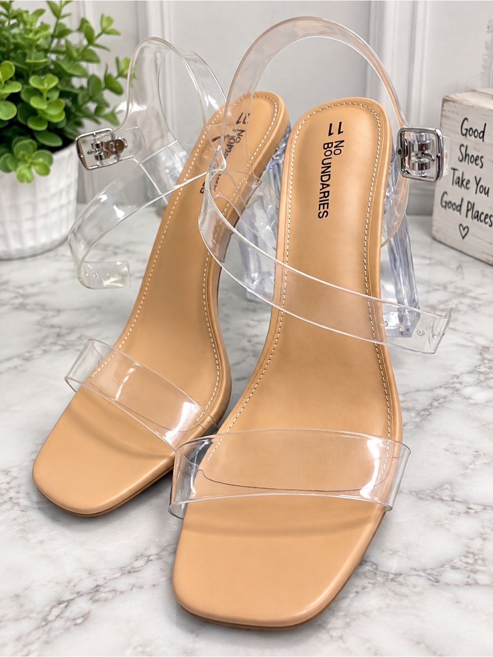 No Boundaries Clear Strap Tan Block Heel Sandals